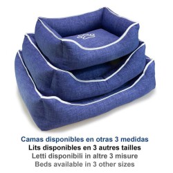 Cama cuadrada azul con huella y ribete 85x68x21 cm.